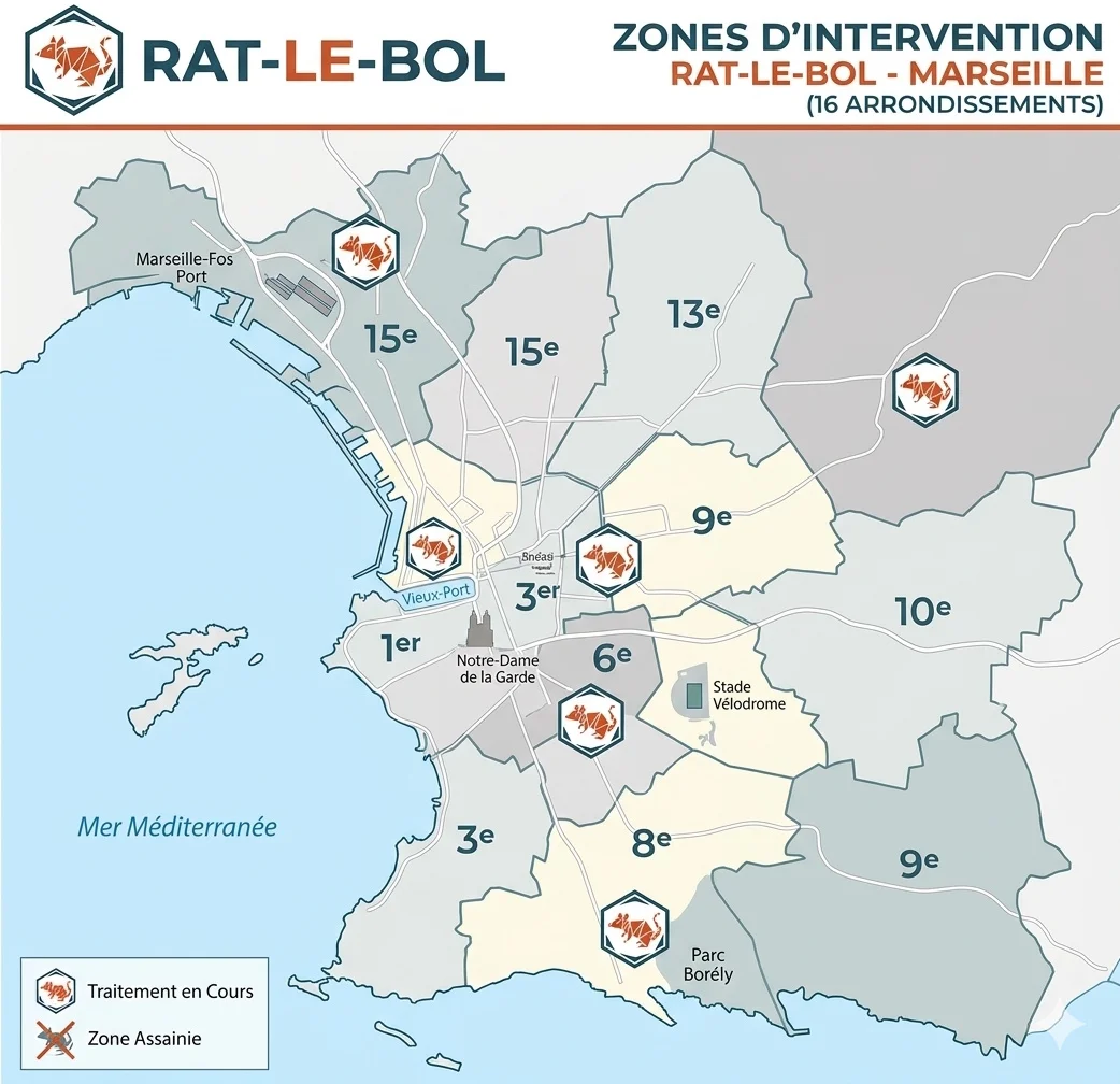 Carte stylisée de Marseille avec les zones d'intervention de Rat-le-bol sur les 16 arrondissements.