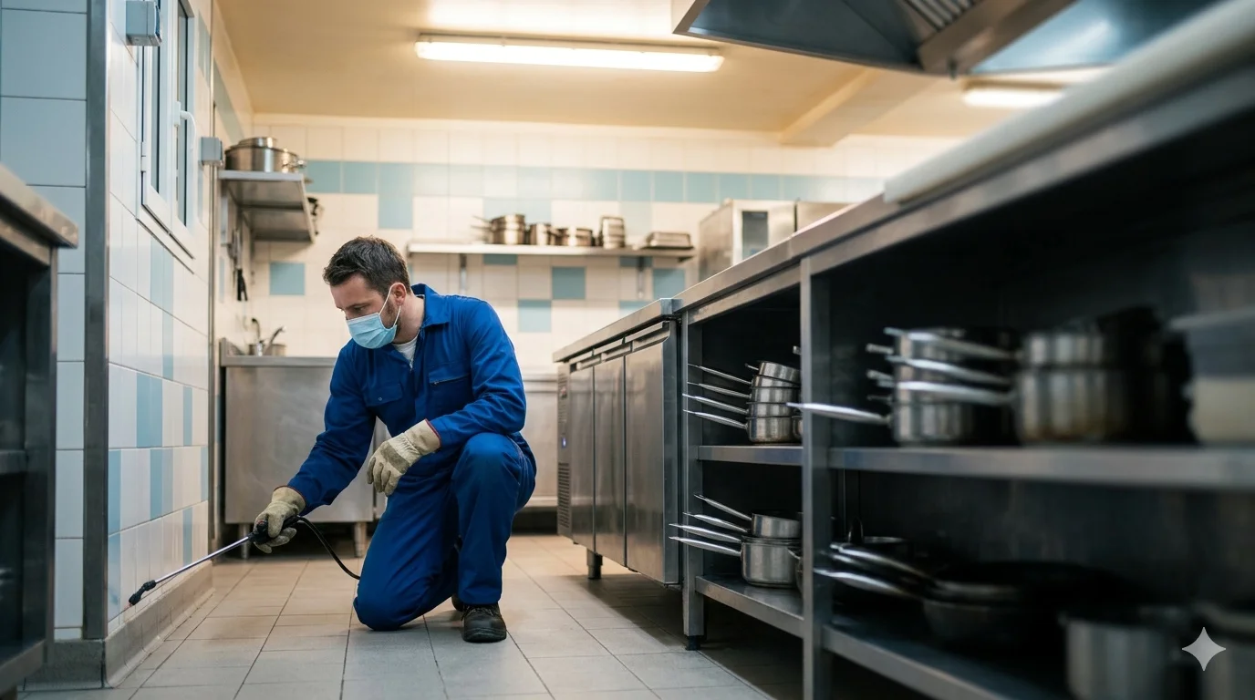 Technicien hygiéniste certifié Certibiocide en intervention de désinsectisation à Marseille.