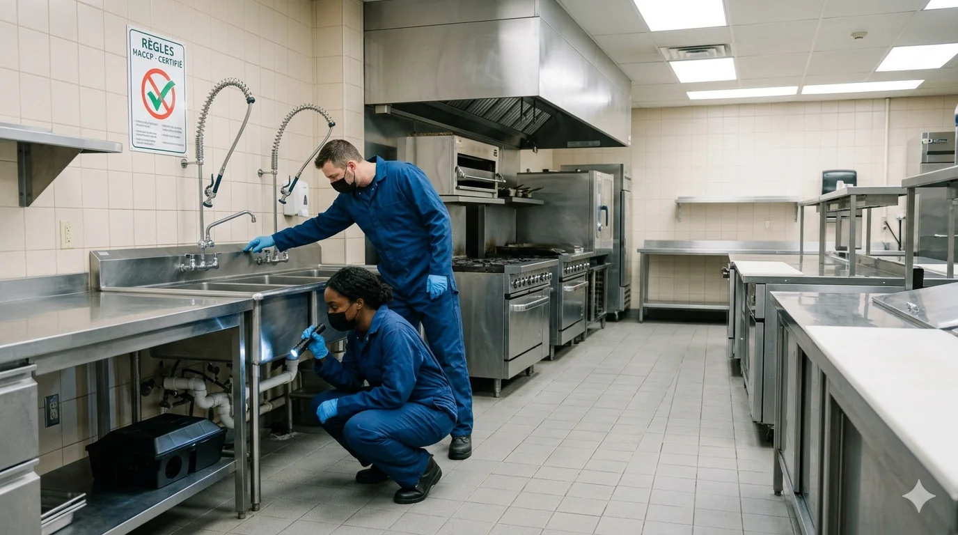 Équipe Rat-le-bol en intervention professionnelle dans un établissement marseillais certifié HACCP.